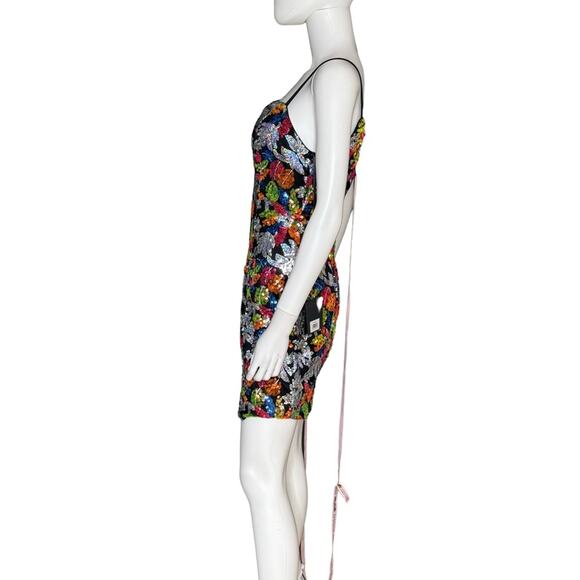 Mac Duggal Sequined Floral Detail Mini Dress 26867 Black Multi Women’s Sz 6 - Picture 5 of 11